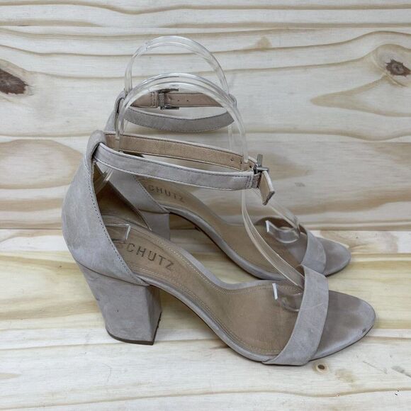 Schutz Leather Sole Beige Open Toe Strappy High Heels Size 7 - Picture 1 of 9